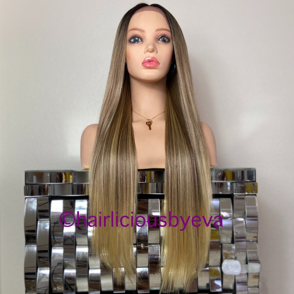 Golden blonde ombré wig lace front straight 26”